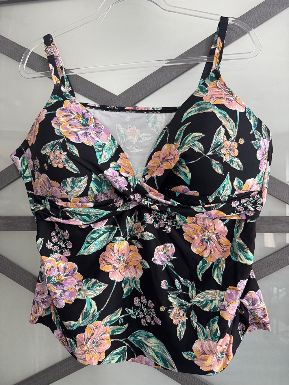 Women’s Floral Twist-Front Swim Camisole - Black/Pink